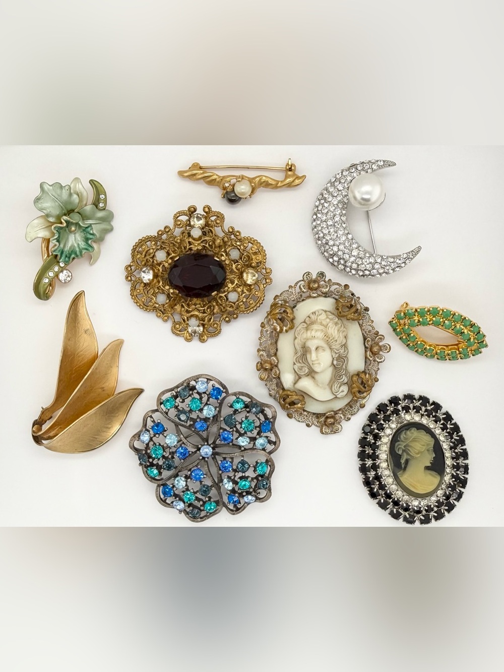 Vintage Mixed Brooch Set - Gold, Pearl, Blue & Green Tones